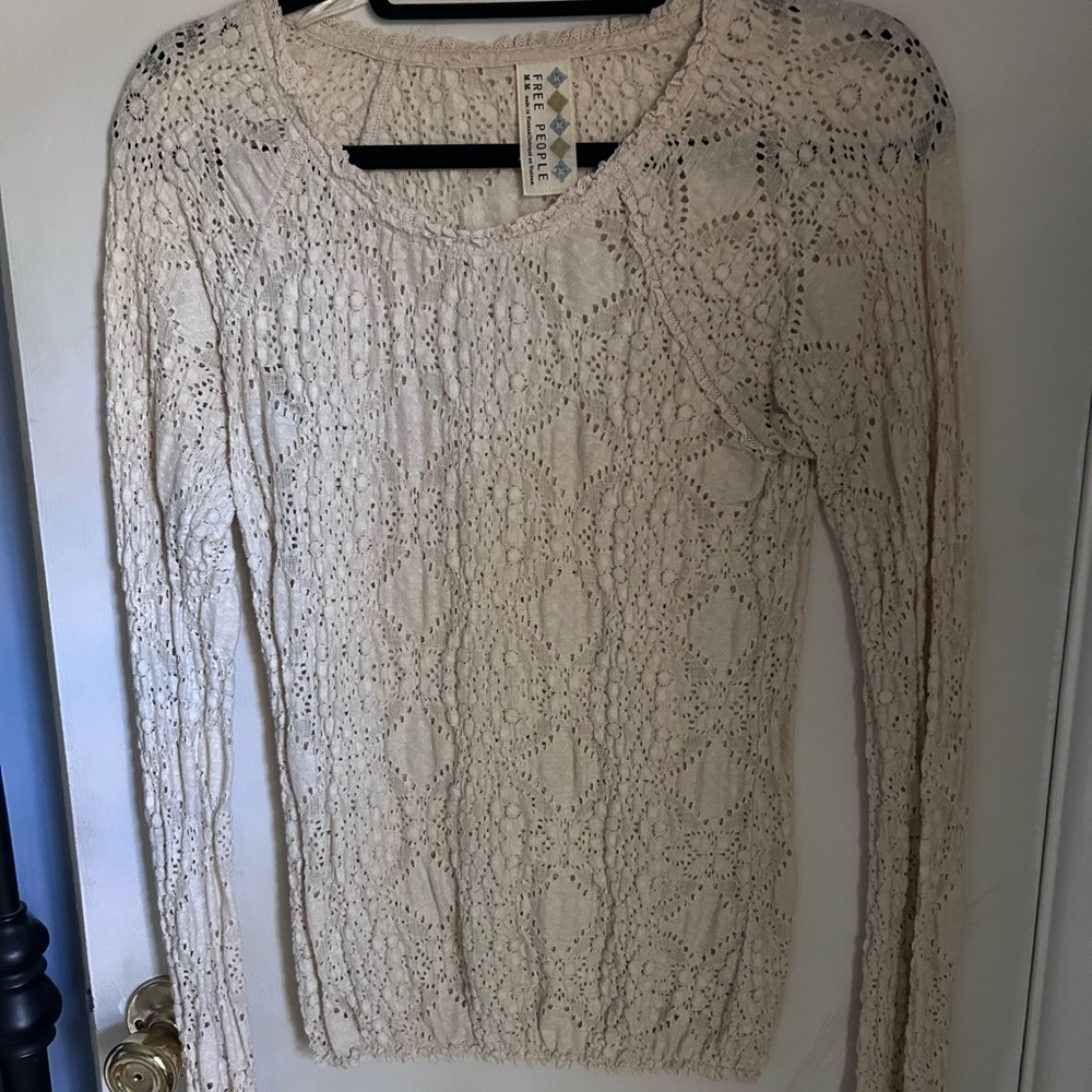 Free People Ivory Crochet Knit Long Sleeve Top